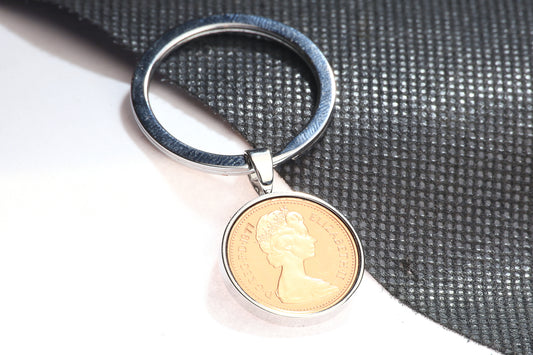 1977 Decimal One Pence Keyring - 48th Birthday Gift
