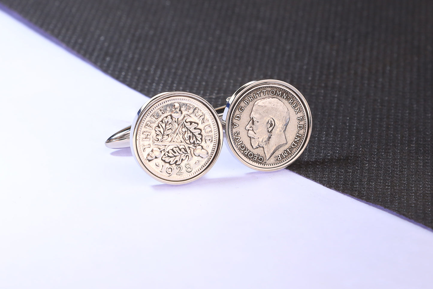 1928 Silver Threepence Cufflinks - 96th Birthday Gift - Choose Colour and Engraving