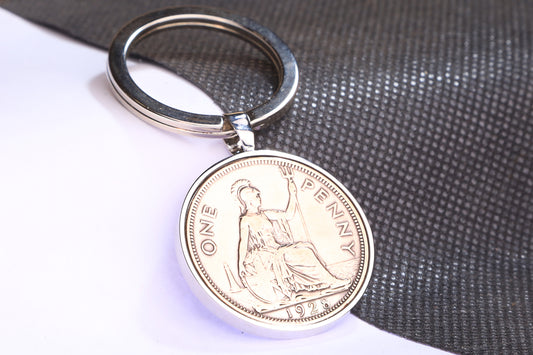 1928 One Penny  Keyring - 96th Birthday Gift - Choose Colour and Engraving