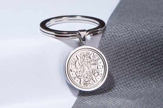 1928 Sixpence Keyring - 96th Birthday Gift - Choose Colour and Engraving