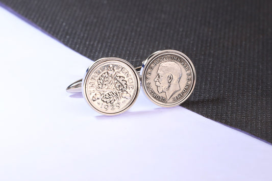 1929 Silver Threepence Cufflinks - 95th Birthday Gift - Choose Colour and Engraving