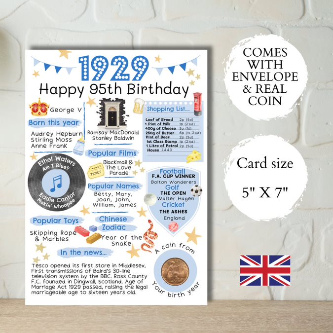 95th Birthday Card with a 1929 British Coin Choose Your Card Colour