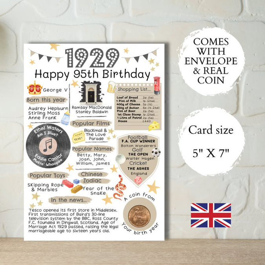 95th Birthday Card with a 1929 British Coin Choose Your Card Colour