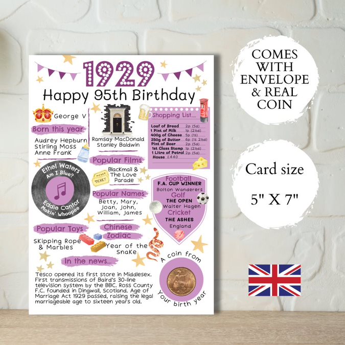 95th Birthday Card with a 1929 British Coin Choose Your Card Colour