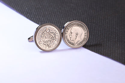 1930 Silver Threepence Cufflinks - 94th Birthday Gift - Choose Colour and Engraving