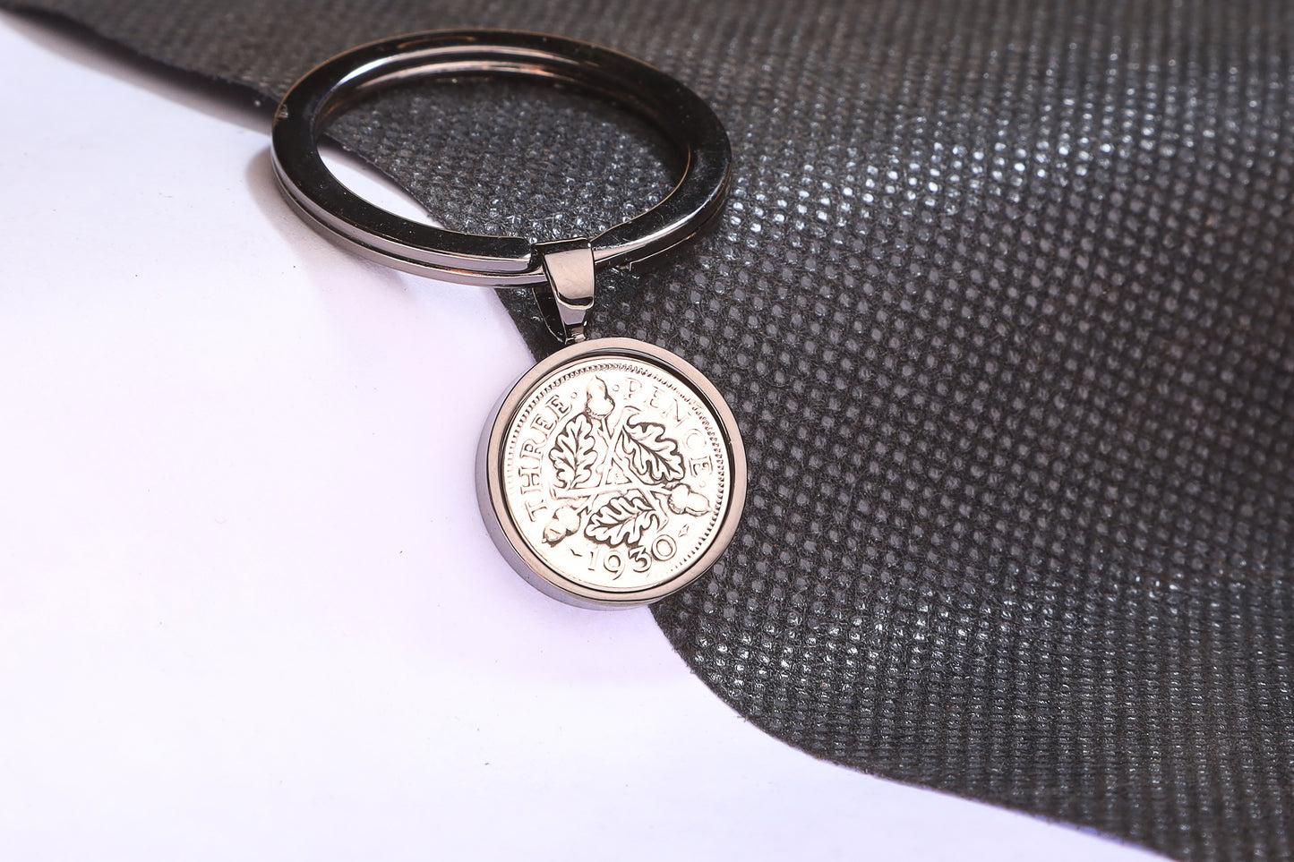 1930 Silver Threepence Keyring - 94th Birthday Gift - Choose Colour and Engraving