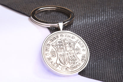 1931 Half Crown Keyring - 93rd Birthday Gift - Choose Colour and Engraving