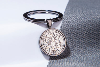 1931 Sixpence Keyring - 93rd Birthday Gift - Choose Colour and Engraving