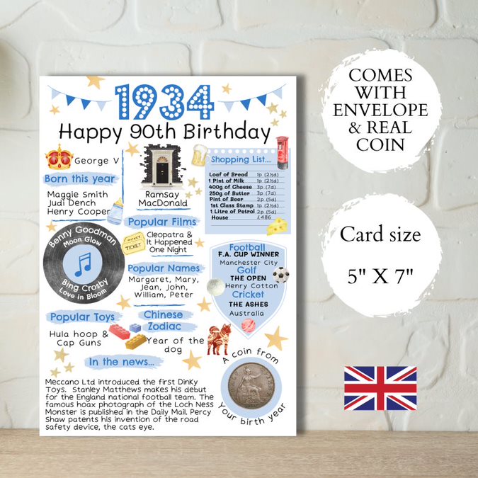 90th Birthday Card With a 1934 British Coin Choose Your Card Colour