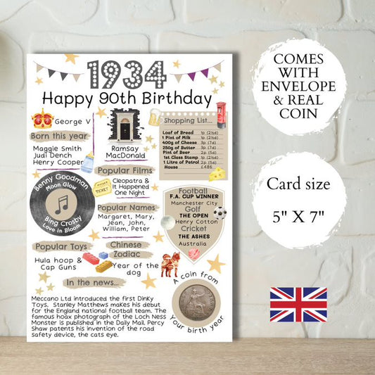 90th Birthday Card With a 1934 British Coin Choose Your Card Colour