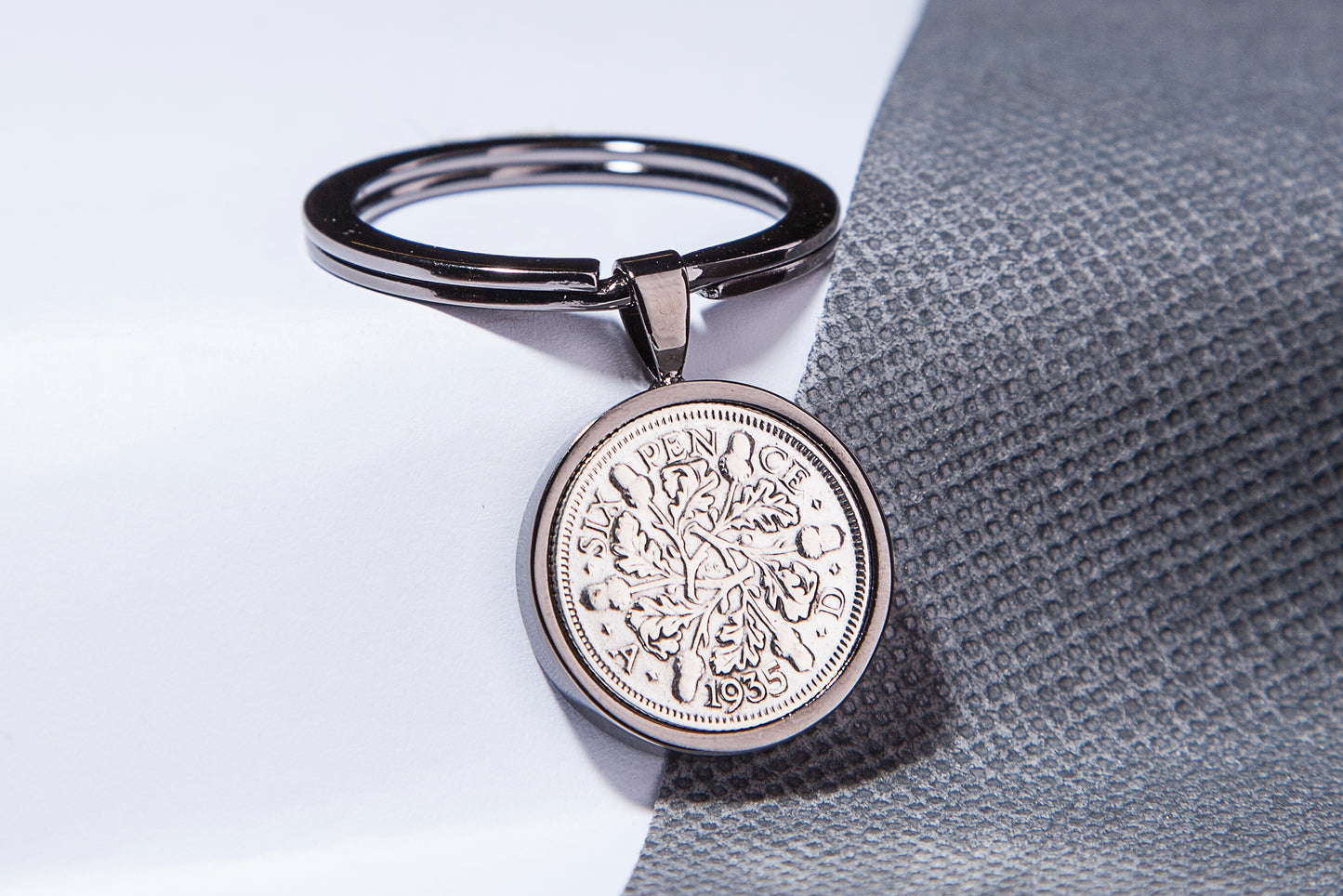 1935 Sixpence Keyring - 89th  Birthday Gift - Choose Colour and Engraving