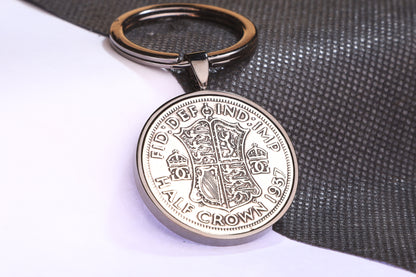 1937 Half Crown Keyring - 87th Birthday Gift - Choose Colour and Engraving