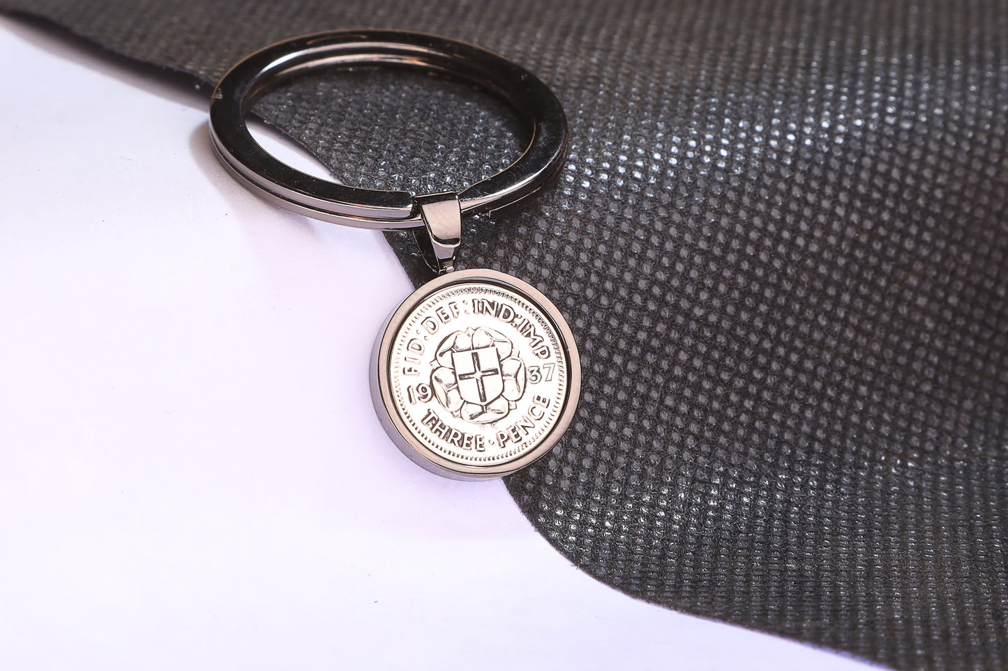 1937 Silver Threepence Keyring - 87th Birthday Gift - Choose Colour and Engraving