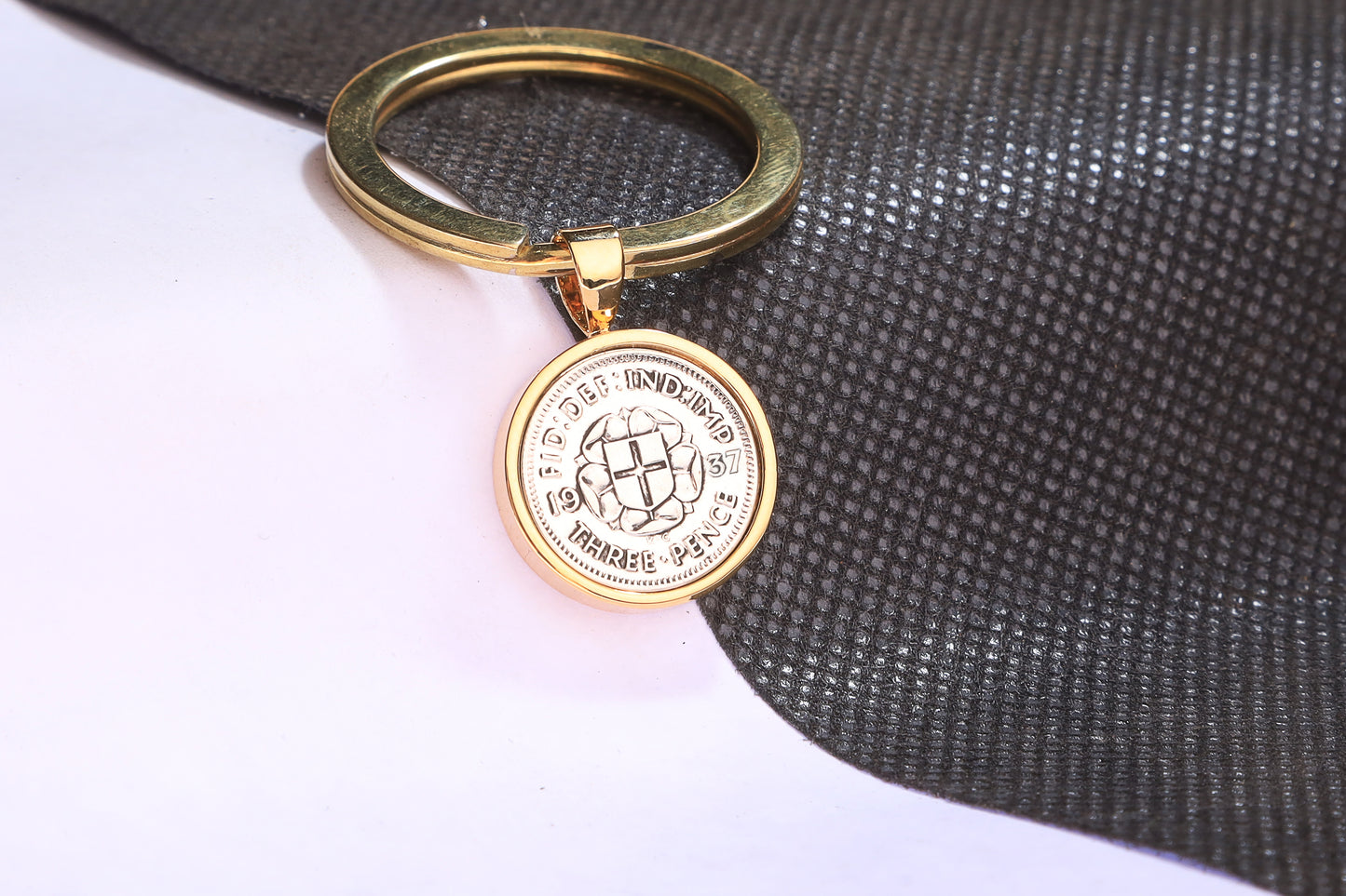 1937 Silver Threepence Keyring - 87th Birthday Gift - Choose Colour and Engraving