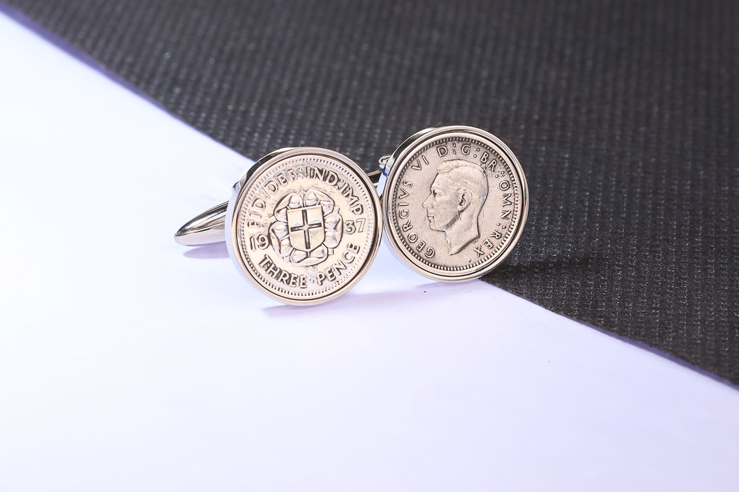 1937 Silver Threepence Cufflinks - 87th Birthday Gift - Choose Colour and Engraving