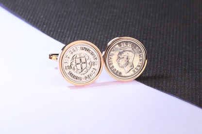 1937 Silver Threepence Cufflinks - 87th Birthday Gift - Choose Colour and Engraving