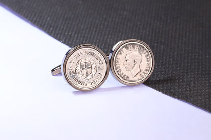 1937 Silver Threepence Cufflinks - 87th Birthday Gift - Choose Colour and Engraving