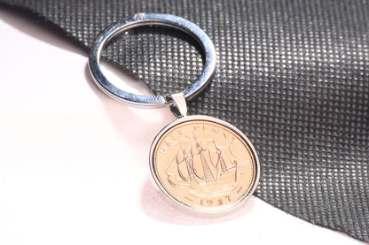 1937 Half Penny  Keyring - 87th Birthday Gift - Choose Colour and Engraving