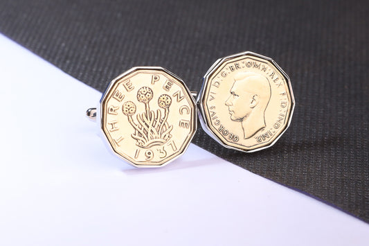 1937 Brass Threepence Cufflinks 87th Birthday Gift Choose Your Orientation & Colour