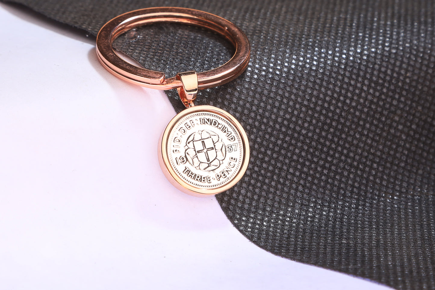 1937 Silver Threepence Keyring - 87th Birthday Gift - Choose Colour and Engraving