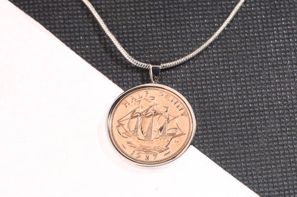 1937 Half Penny  Pendant - 87th  Birthday Gift - Choose Colour and Engraving