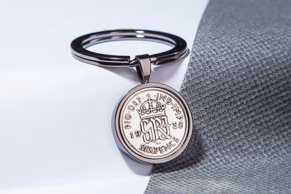 1938 Sixpence Keyring - 86th Birthday Gift - Choose Colour and Engraving