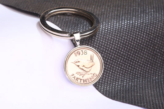 1938 Farthing Keyring - 86th  Birthday Gift - Choose Colour and Engraving