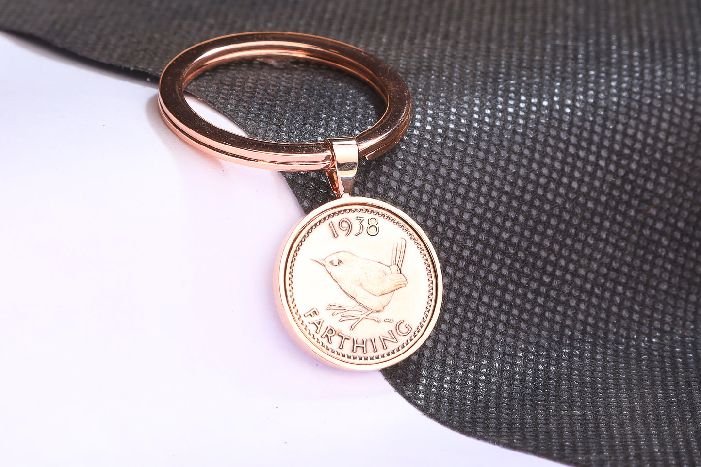 1938 Farthing Keyring - 86th  Birthday Gift - Choose Colour and Engraving