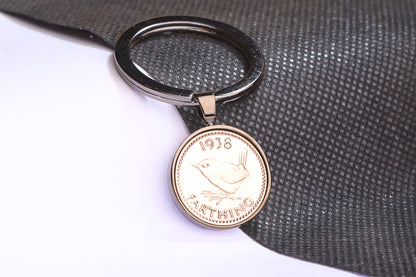 1938 Farthing Keyring - 86th  Birthday Gift - Choose Colour and Engraving