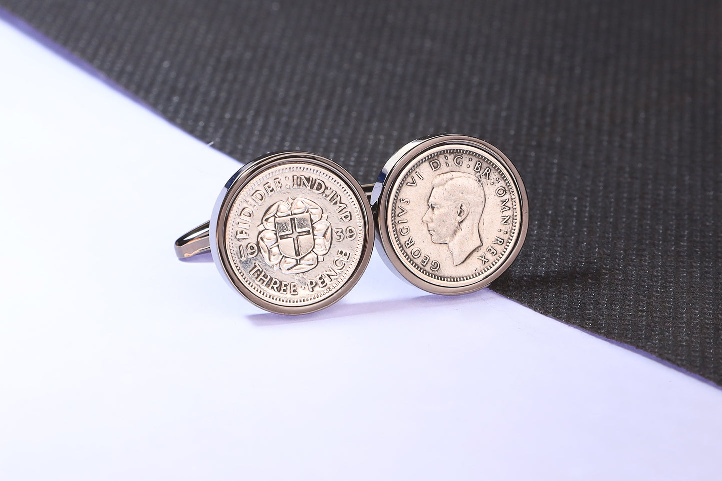 1939 Silver Threepence Cufflinks - 85th Birthday Gift - Choose Colour and Engraving