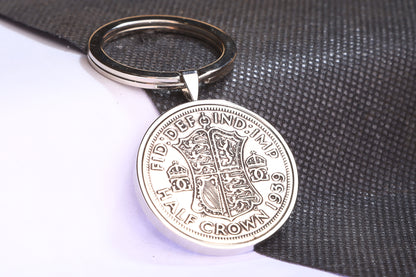 1939 Half Crown Keyring - 85th Birthday Gift - Choose Colour and Engraving