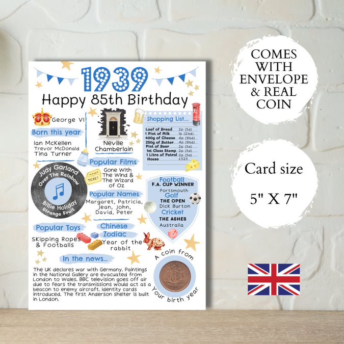 85th Birthday Card With a 1939 British Coin Choose Your Card Colour