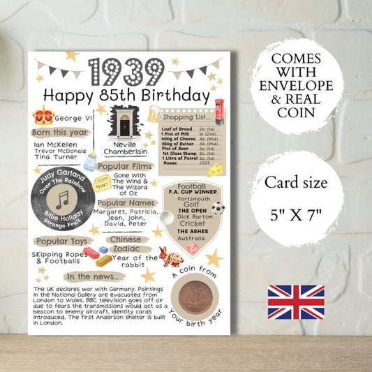 85th Birthday Card With a 1939 British Coin Choose Your Card Colour