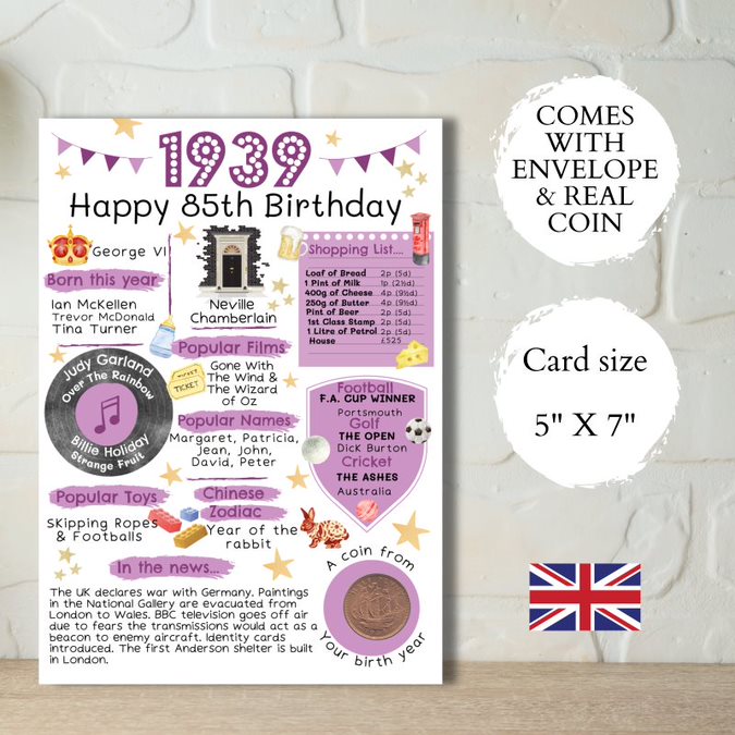 85th Birthday Card With a 1939 British Coin Choose Your Card Colour