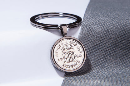 1940 Sixpence Keyring - 84th Birthday Gift - Choose Colour and Engraving