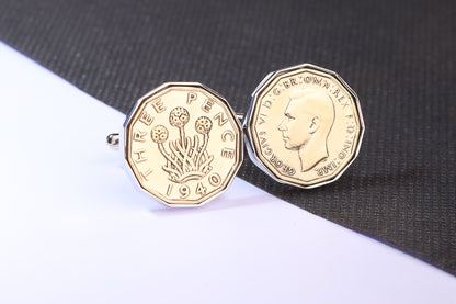 1940 Brass Threepence Cufflinks 84th Birthday Gift Choose Your Orientation & Colour