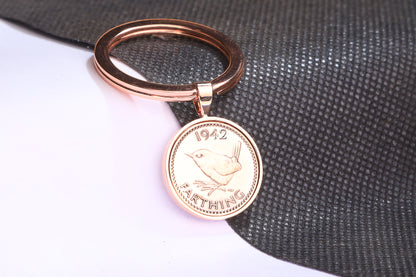 1942 Farthing Keyring - 82nd  Birthday Gift - Choose Colour and Engraving