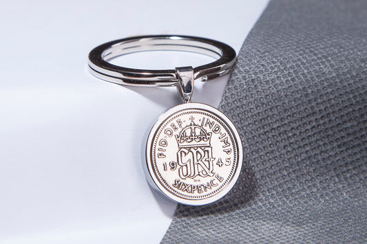 1945 Sixpence Keyring - 79th  Birthday Gift - Choose Colour and Engraving