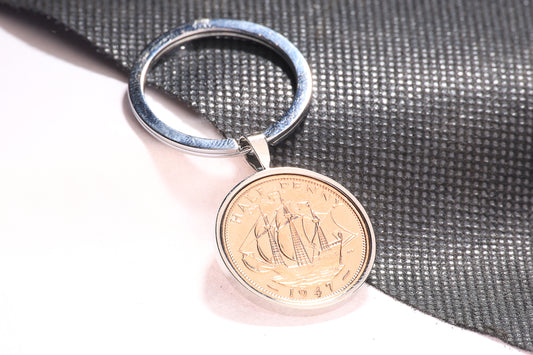 1947 Half Penny  Keyring - 77th Birthday Gift - Choose Colour and Engraving