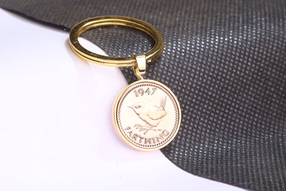 1947 Farthing Keyring - 77th Birthday Gift - Choose Colour and Engraving