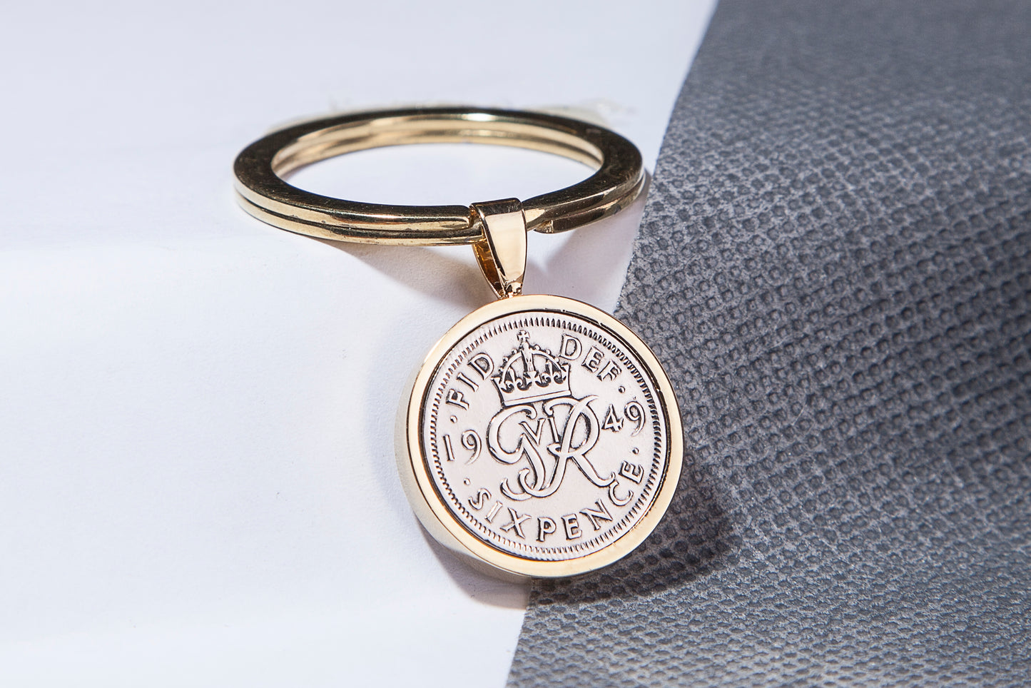 1949 Sixpence Keyring - 75th  Birthday Gift - Choose Colour and Engraving