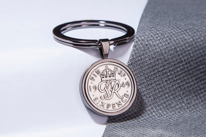 1949 Sixpence Keyring - 75th  Birthday Gift - Choose Colour and Engraving