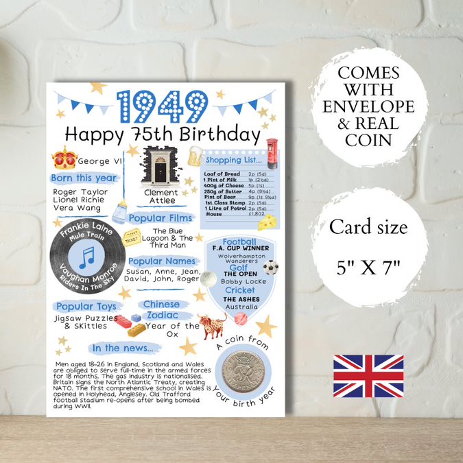 75th Birthday Card With A 1949 British Coin Choose Your Card Colour