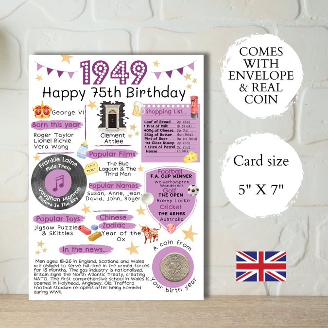 75th Birthday Card With A 1949 British Coin Choose Your Card Colour