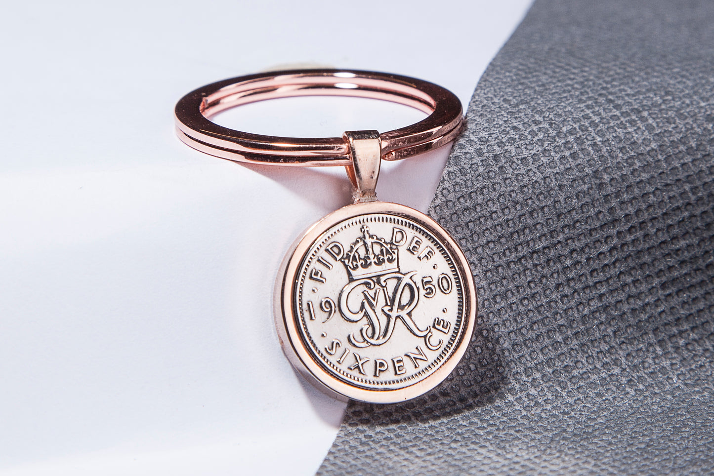 1950 Sixpence Keyring - 74th  Birthday Gift - Choose Colour and Engraving