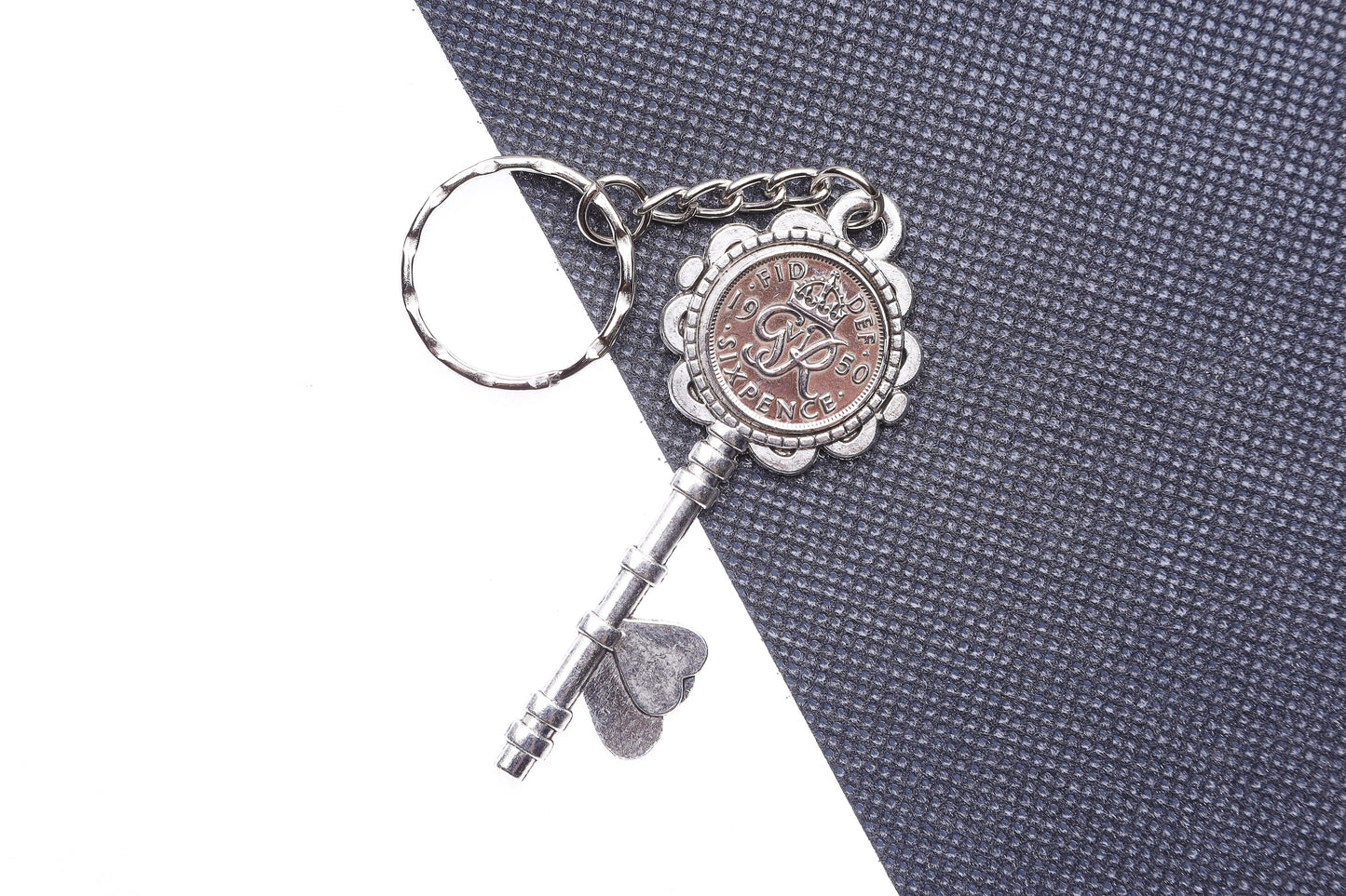 1950 74th Birthday Luck Sixpence Two Hearts Keyring