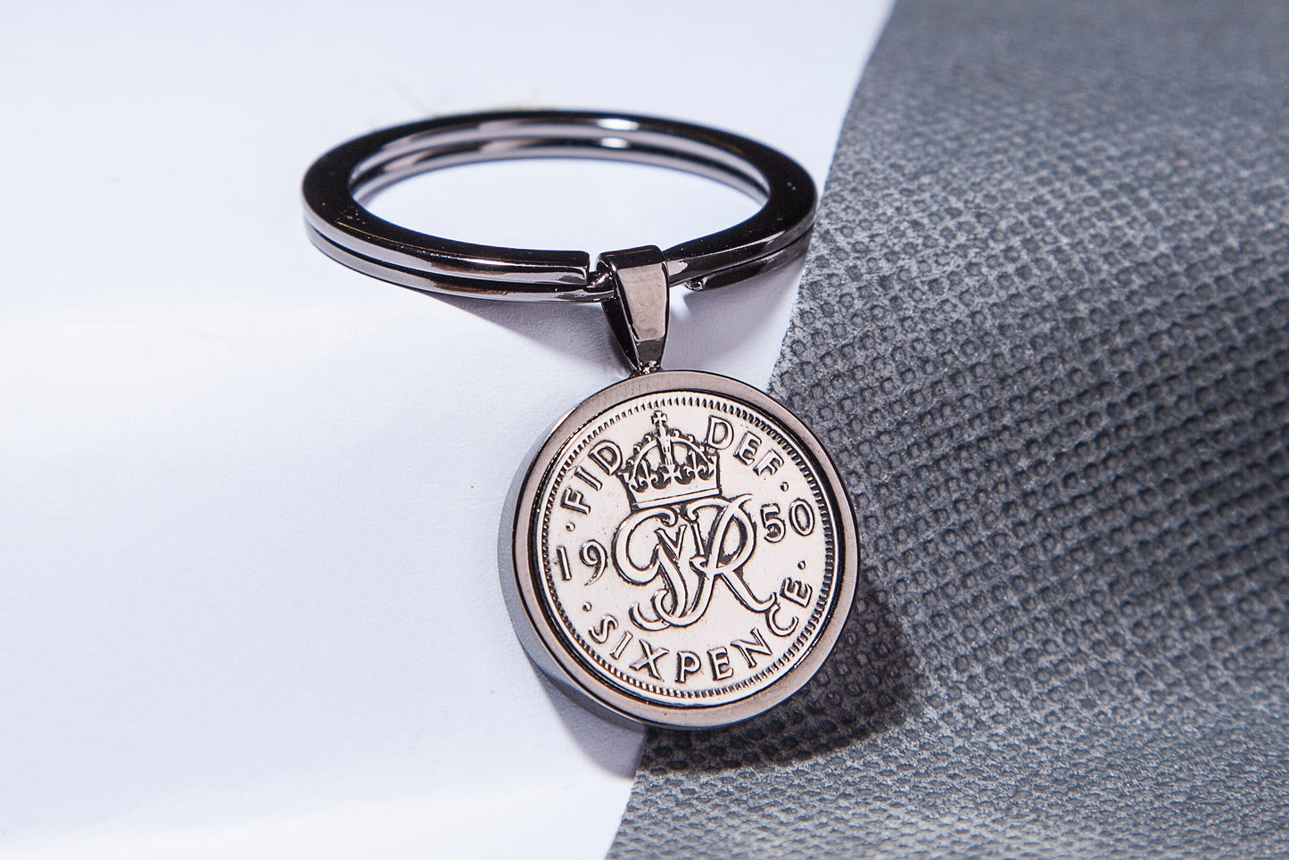 1950 Sixpence Keyring - 74th  Birthday Gift - Choose Colour and Engraving