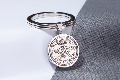 1950 Sixpence Keyring - 74th  Birthday Gift - Choose Colour and Engraving