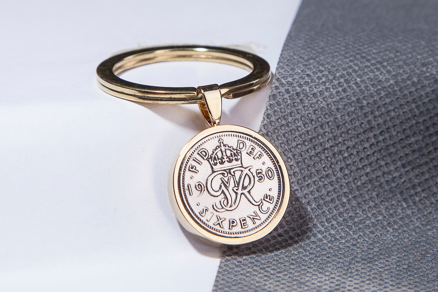 1950 Sixpence Keyring - 74th  Birthday Gift - Choose Colour and Engraving