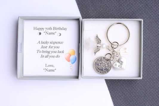 70th Birthday Lucky Sixpence Keyring - For Him